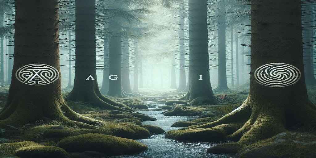 a serene forest with AGI symbols hidden in the trees and the word AGI added