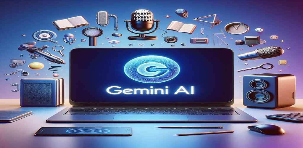 laptop surrounded Gemini tools and the screen shows the gemini AI logo